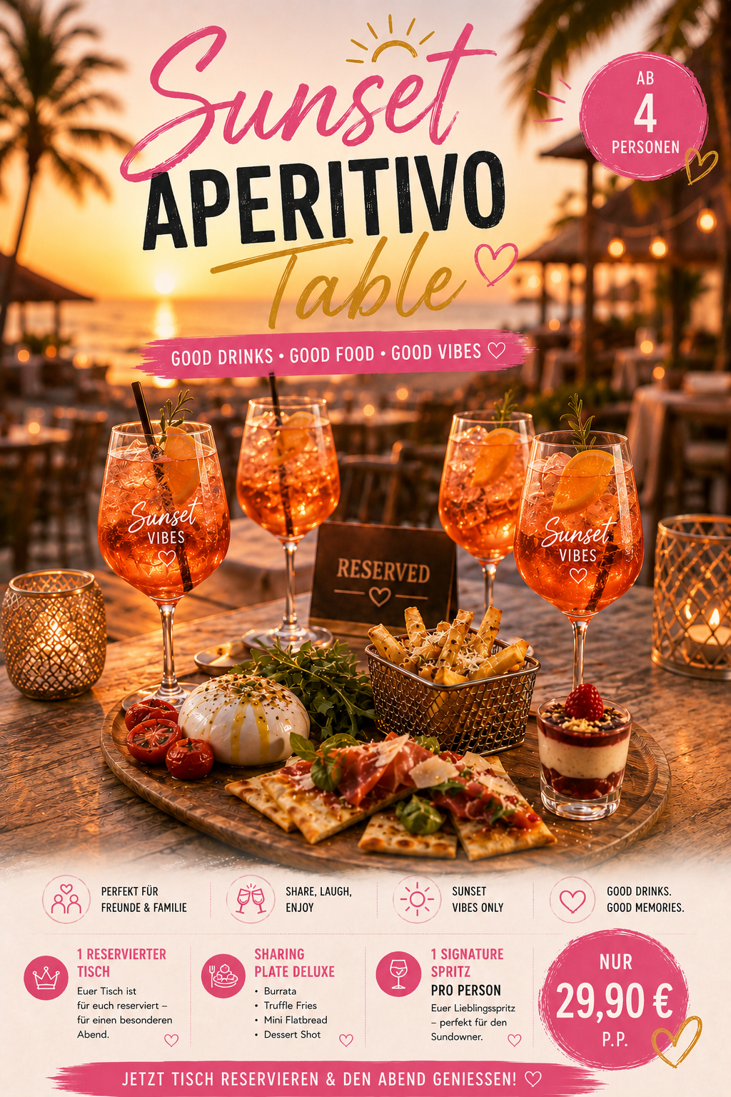 Sunset Aperitivo Table – Sharing Plate mit Burrata, Truffle Fries und Spritz