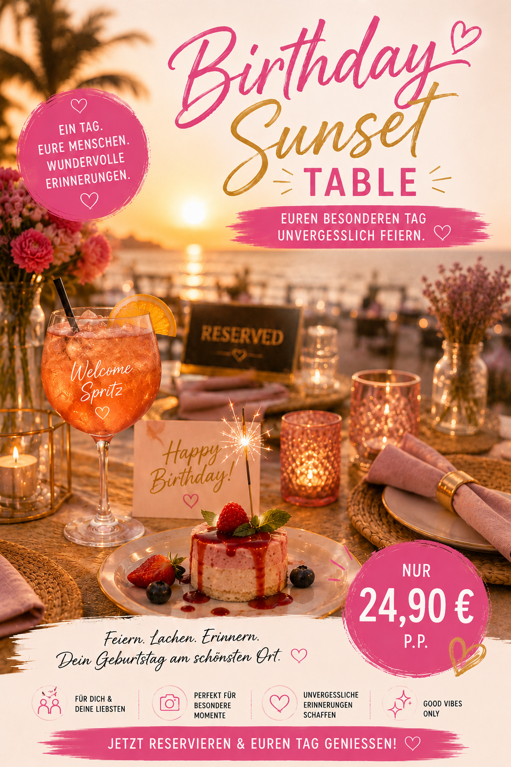 Birthday Sunset Table – Welcome Spritz, Dessert Surprise und Geburtstagsüberraschung